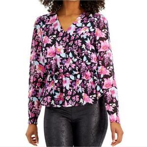 Bar III for Macy's Women's Black Floral Crossover Surplice Long Sleeve Blouse